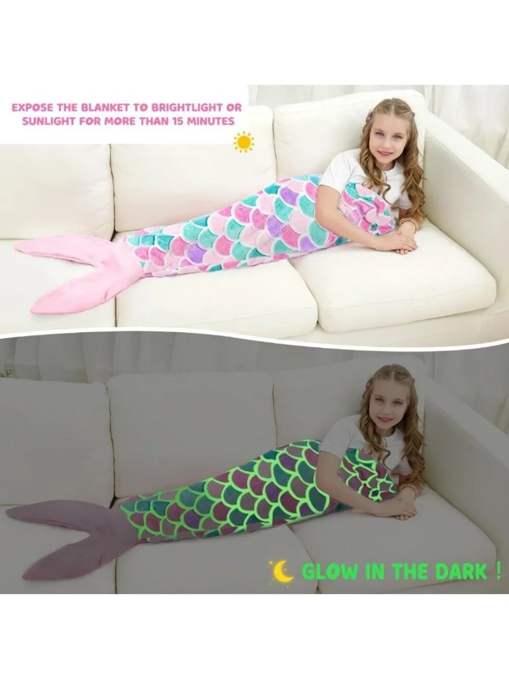 Glow in the Dark Mermaid Tail Blanket - Cozy Wearable Blanket for Kids & Adults